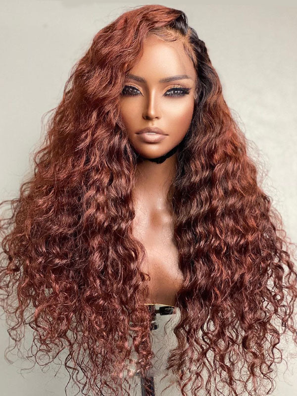 Long Side Part Curly Auburn Brown with Dark Roots Lace Front Wigs -  Ashley010